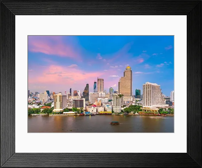 Framed Print : Bangkok, Thailand cityscape over the Chaophraya River at dusk Framed Print : Bangkok, Thailand cityscape over the Chaophraya River at dusk