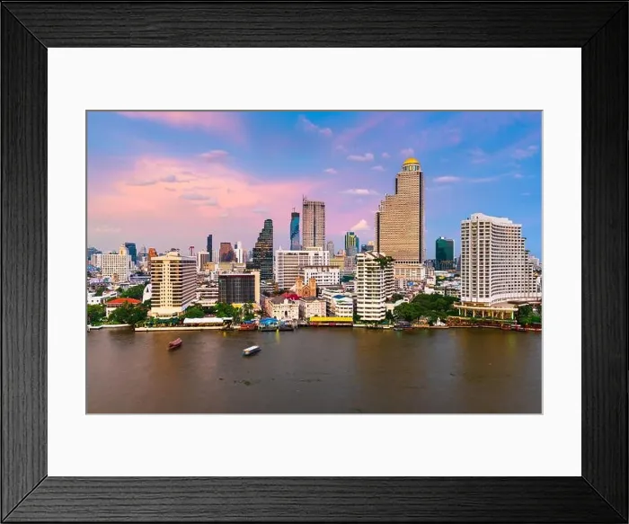 Framed Print : Bangkok, Thailand cityscape over the Chaophraya River at dusk Framed Print : Bangkok, Thailand cityscape over the Chaophraya River at dusk