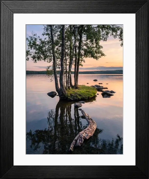 Framed Print : Idyllic smalll island with tranquil lake and beautiful sunset at summer evening in Finland Framed Print : Idyllic smalll island with tranquil lake and beautiful sunset at summer evening in Finland