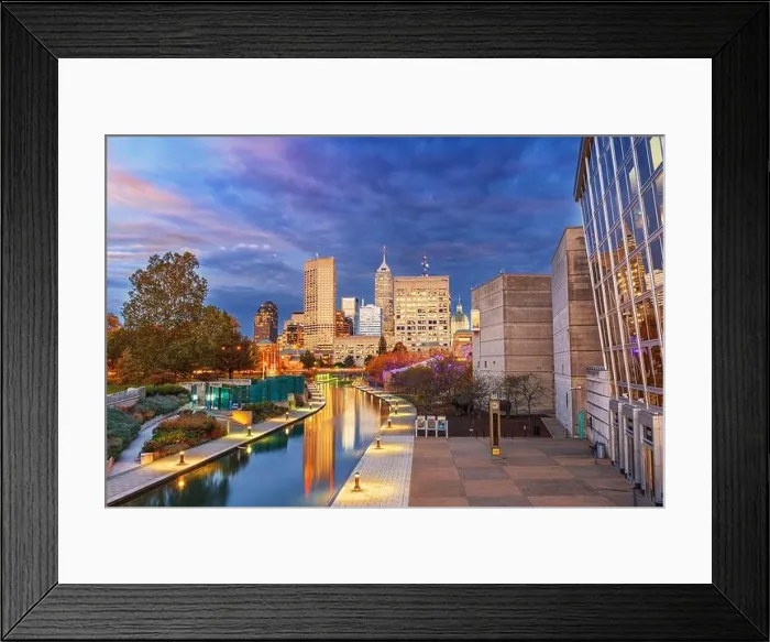 Framed Print : Indianapolis, Indiana, USA downtown cityscape over the river walk at twilight Framed Print : Indianapolis, Indiana, USA downtown cityscape over the river walk at twilight