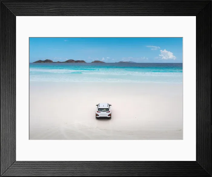 Framed Print : Aerial view of car parking in beach at Lucky Bay in Cape Le Grand National Park, near Esperance, Western Australia, Australia. Travel and Vacation con