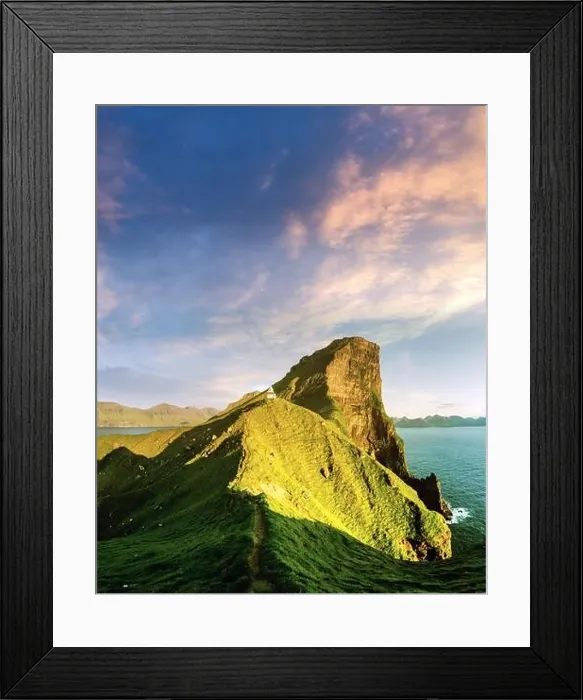 Framed Print : Incredible sunset landscape with Kallur lighthouse on green hills of Kalsoy island, Faroe islands, Denmark Framed Print : Incredible sunset landscape with Kallur lighthouse on green hills of Kalsoy island, Faroe islands, Denmark