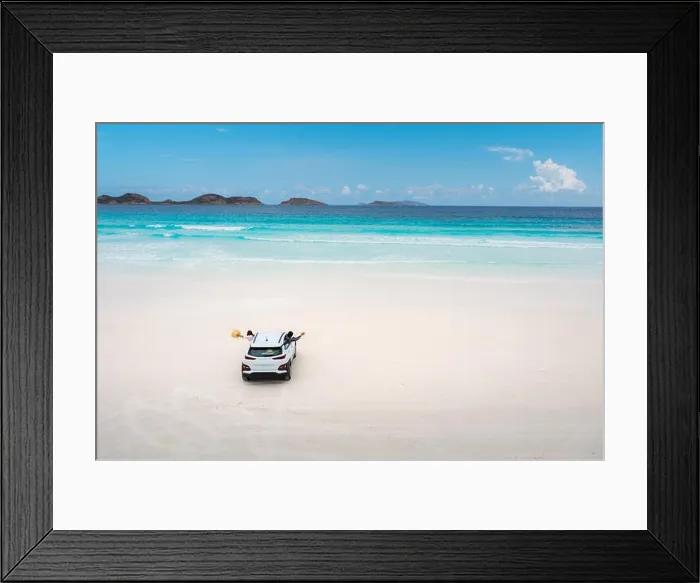 Framed Print : Aerial view of car parking in beach at Lucky Bay in Cape Le Grand National Park, near Esperance, Western Australia, Australia. Travel and Vacation con Framed Print : Aerial view of car parking in beach at Lucky Bay in Cape Le Grand National Park, near Esperance, Western Australia, Australia. Travel and Vacation con