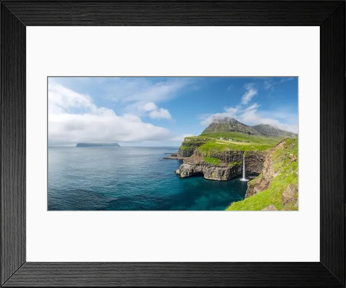 Framed Print : Incredible day view of Mulafossur waterfall in Gasadalur village, Vagar Island of the Faroe Islands, Denmark. Landscape photography