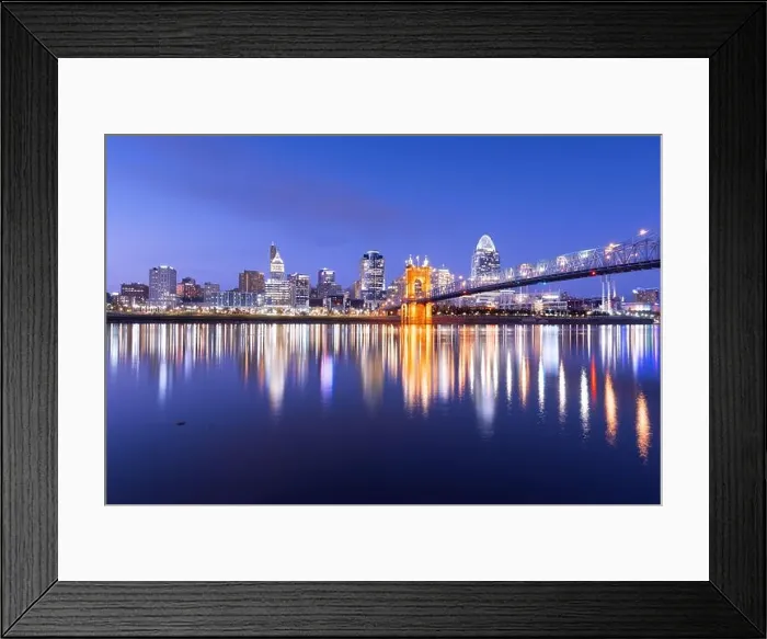 Framed Print : Cincinnati, Ohio, USA downtown skyline and bridge on the river at dusk Framed Print : Cincinnati, Ohio, USA downtown skyline and bridge on the river at dusk