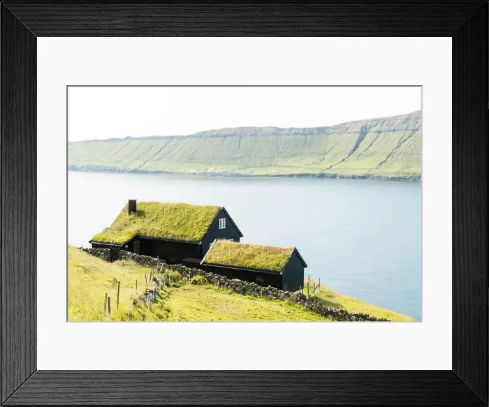 Framed Print : Foggy morning view of a house with grass roof in the Velbastadur village on Streymoy island, Faroe islands, Denmark. Landscape photography Framed Print : Foggy morning view of a house with grass roof in the Velbastadur village on Streymoy island, Faroe islands, Denmark. Landscape photography