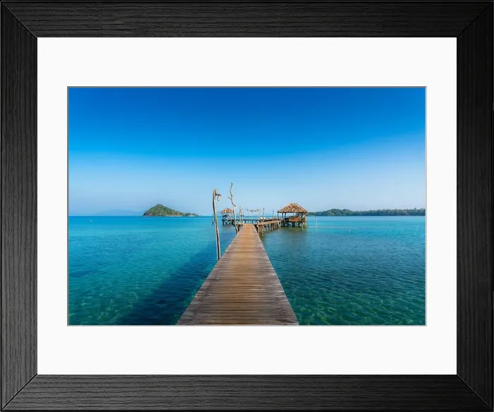 Framed Print : Wooden bar in sea and hut with clear sky in Koh Mak at Trat, Thailand. Summer, Travel, Vacation and Holiday concept Framed Print : Wooden bar in sea and hut with clear sky in Koh Mak at Trat, Thailand. Summer, Travel, Vacation and Holiday concept