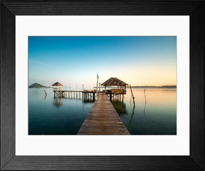 Framed Print : Wooden bar in sea and hut with clear sunrise sky in Koh Mak at Trat, Thailand. Summer, Travel, Vacation and Holiday concept Framed Print : Wooden bar in sea and hut with clear sunrise sky in Koh Mak at Trat, Thailand. Summer, Travel, Vacation and Holiday concept