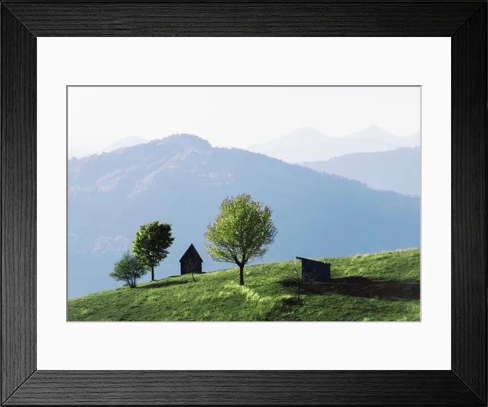 Framed Print : Picturesque summer meadow with wooden house and green beech trees in the Carpathian mountains, Ukraine. Landscape photography Framed Print : Picturesque summer meadow with wooden house and green beech trees in the Carpathian mountains, Ukraine. Landscape photography