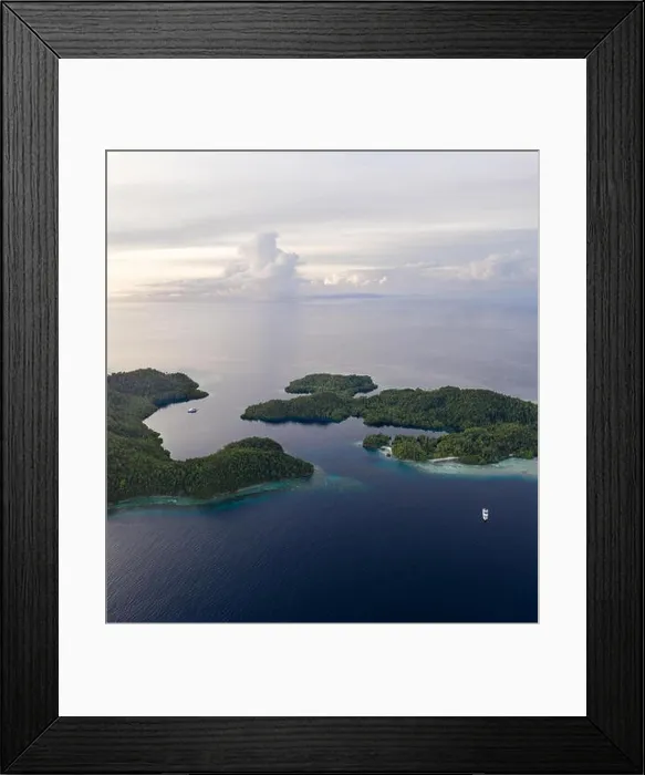 Framed Print : Seen from the air, healthy coral reefs surround tropical islands in Raja Ampat, Indonesia. This area is known for its incredible marine biodiversity