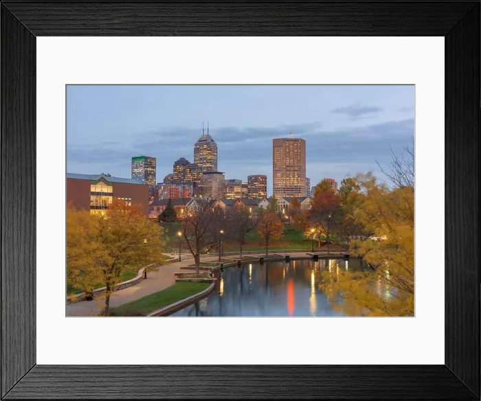 Framed Print : Indianapolis, Indiana, USA river walk and skyline at dusk in the evening