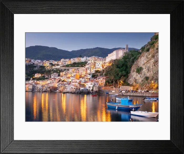Framed Print : Scilla, Italy waterfront buildings at the port at dusk Framed Print : Scilla, Italy waterfront buildings at the port at dusk