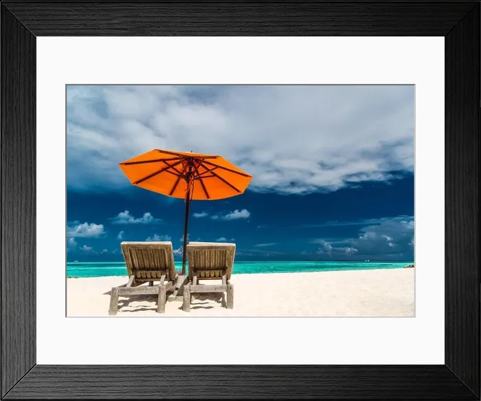 Framed Print : Couple beach vacation, tropical exotic landscape with blue sky and white sand. Luxury summer travel holiday destination. Beach scene, paradise island Framed Print : Couple beach vacation, tropical exotic landscape with blue sky and white sand. Luxury summer travel holiday destination. Beach scene, paradise island