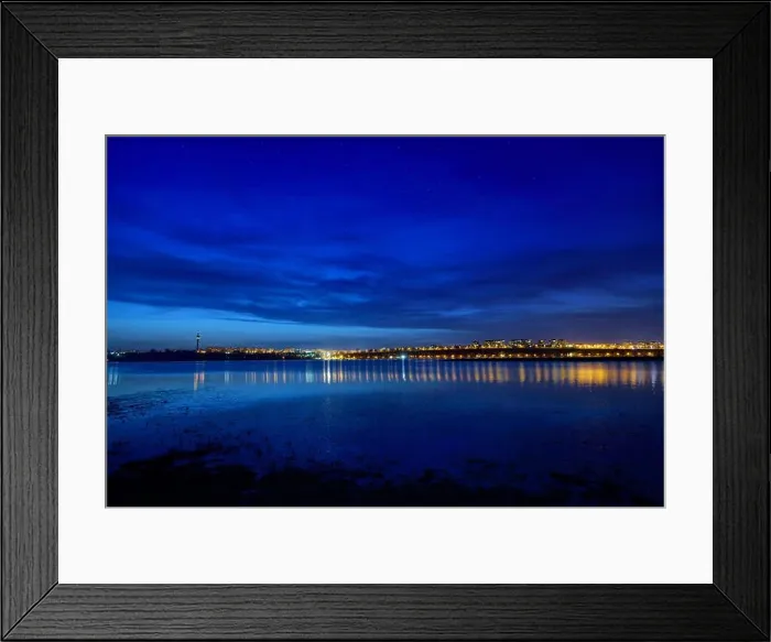 Framed Print : Night view at blue hour of Galati City, Romania with reflections in Danube River and stars on sky Framed Print : Night view at blue hour of Galati City, Romania with reflections in Danube River and stars on sky
