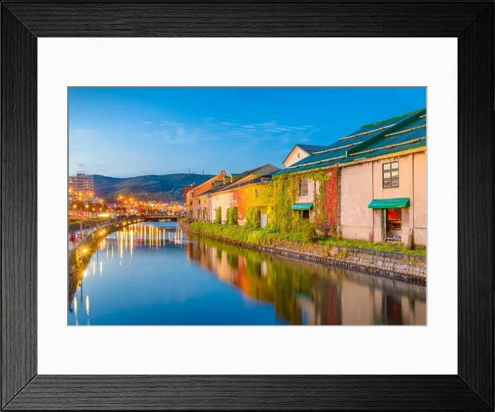Framed Print : Historic Otaru Canals in Otaru, Hokkaido Prefecture, Japan at twilight