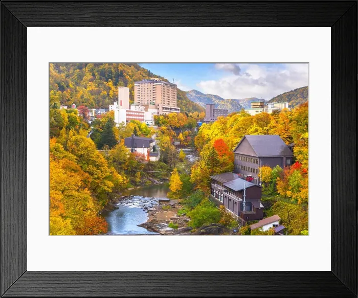 Framed Print : Jozankei, Japan inns and river skyline during the autumn season Framed Print : Jozankei, Japan inns and river skyline during the autumn season