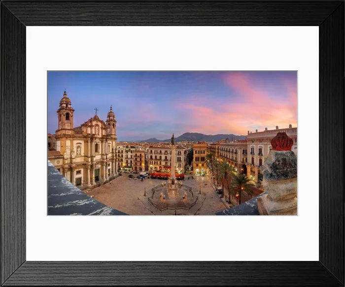 Framed Print : Palermo, Italy cityscape and square at dusk