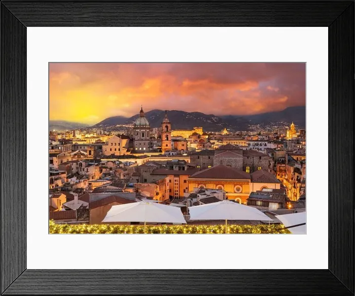 Framed Print : Palermo, Sicily town skyline with landmark towers at dusk Framed Print : Palermo, Sicily town skyline with landmark towers at dusk