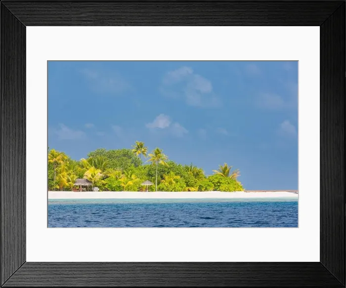 Framed Print : Tropical island paradise. Exotic beach over blue sea. Palm trees with white sand under blue sky. Amazing travel destination, private resort hotel Framed Print : Tropical island paradise. Exotic beach over blue sea. Palm trees with white sand under blue sky. Amazing travel destination, private resort hotel