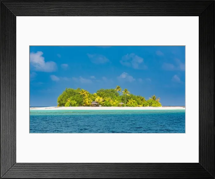 Framed Print : Tropical island paradise. Exotic beach over blue sea. Palm trees with white sand under blue sky. Amazing travel destination, private resort hotel Framed Print : Tropical island paradise. Exotic beach over blue sea. Palm trees with white sand under blue sky. Amazing travel destination, private resort hotel