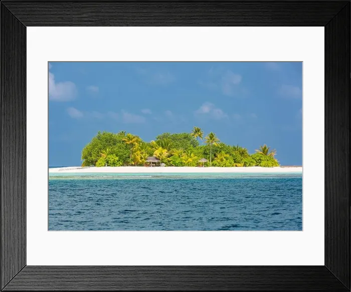 Framed Print : Tropical island paradise. Exotic beach over blue sea. Palm trees with white sand under blue sky. Amazing travel destination, private resort hotel Framed Print : Tropical island paradise. Exotic beach over blue sea. Palm trees with white sand under blue sky. Amazing travel destination, private resort hotel