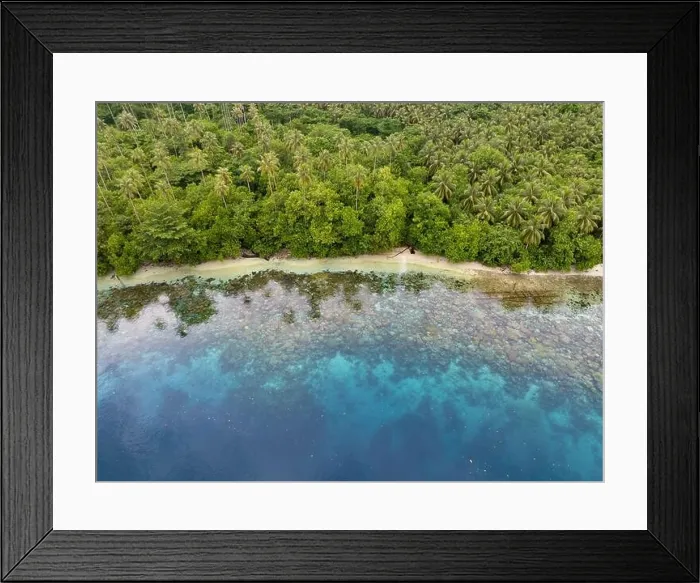 Framed Print : A lush, tropical island is fringed by a coral reef in the Solomon Islands. This beautiful country is home to spectacular marine biodiversity