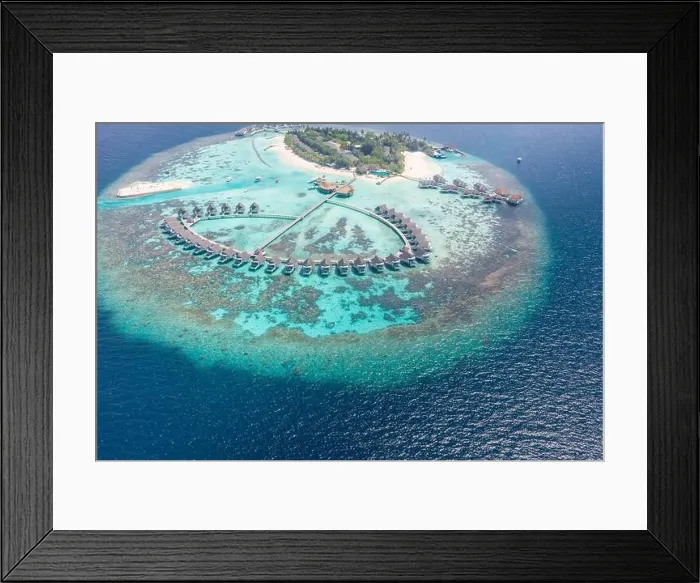 Framed Print : Perfect aerial landscape, luxury tropical resort or hotel with water villas and beautiful beach scenery. Amazing bird eyes view in Maldives, landscape Framed Print : Perfect aerial landscape, luxury tropical resort or hotel with water villas and beautiful beach scenery. Amazing bird eyes view in Maldives, landscape
