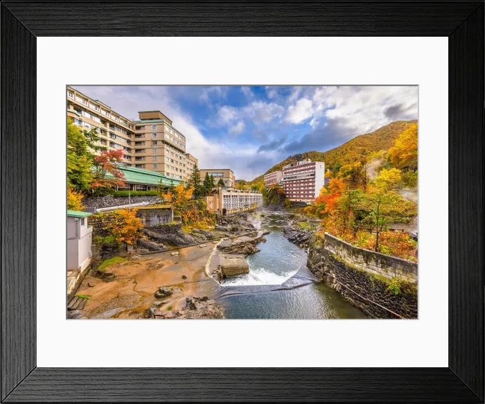 Framed Print : Jozankei, Japan inns and river skyline during the autumn season Framed Print : Jozankei, Japan inns and river skyline during the autumn season