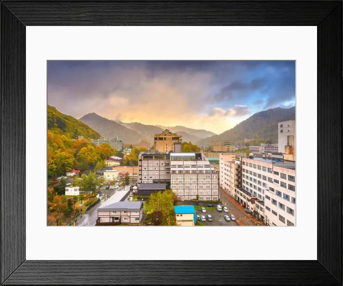 Framed Print : Jozankei, Japan inns and river skyline during the autumn season Framed Print : Jozankei, Japan inns and river skyline during the autumn season