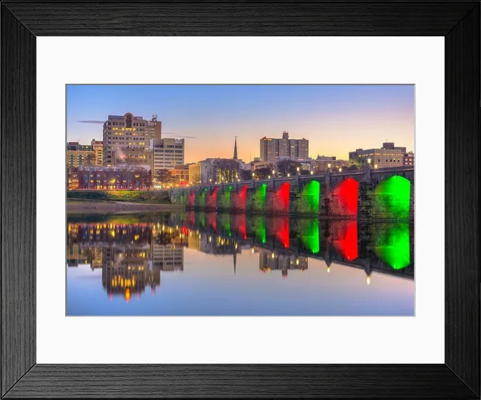 Framed Print : Harrisburg, Pennsylvania, USA skyline on the Susquehanna River with holiday lighting Framed Print : Harrisburg, Pennsylvania, USA skyline on the Susquehanna River with holiday lighting