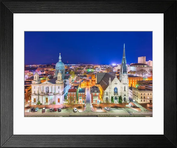 Framed Print : Harrisburg, Pennsylvania, USA nighttime cityscape with historic churches Framed Print : Harrisburg, Pennsylvania, USA nighttime cityscape with historic churches