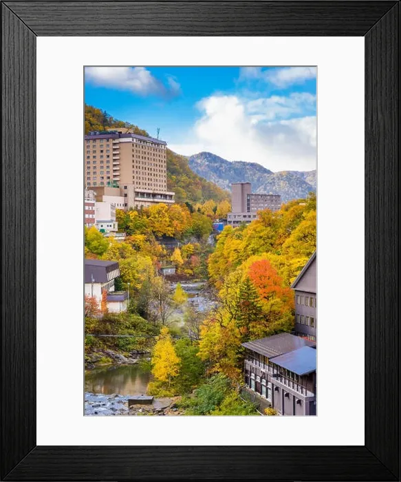 Framed Print : Jozankei, Japan inns and river skyline during the autumn season Framed Print : Jozankei, Japan inns and river skyline during the autumn season