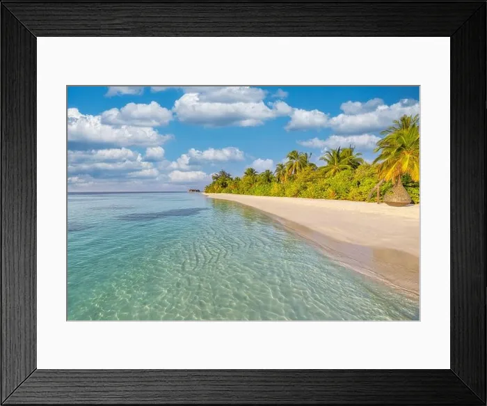 Framed Print : Tropical paradise beach with white sand and coco palms travel tourism wide panorama background concept. Morning sunlight, relax vibes, blue cloudy sky Framed Print : Tropical paradise beach with white sand and coco palms travel tourism wide panorama background concept. Morning sunlight, relax vibes, blue cloudy sky