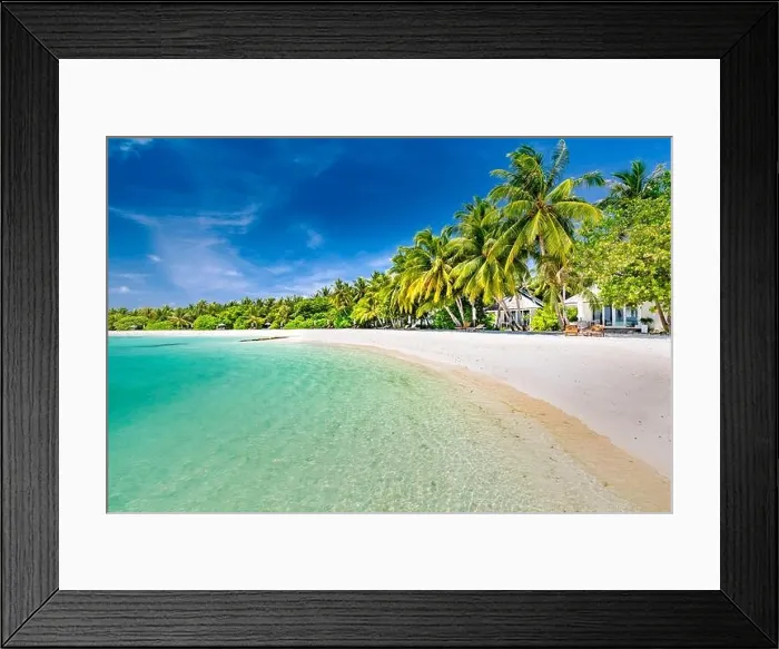 Framed Print : Tropical beach background as summer landscape with beach swing or hammock and white sand and calm sea for beach banner. Perfect beach scene vacation Framed Print : Tropical beach background as summer landscape with beach swing or hammock and white sand and calm sea for beach banner. Perfect beach scene vacation