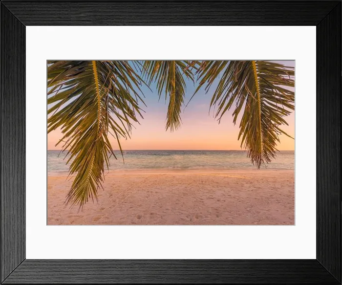 Framed Print : Sunset on the beach sea sky scenic with palm tree leaves. Fantastic summer mood, relaxing nature coast, shore horizon. Seaside view, tropical island Framed Print : Sunset on the beach sea sky scenic with palm tree leaves. Fantastic summer mood, relaxing nature coast, shore horizon. Seaside view, tropical island