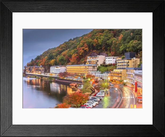 Framed Print : Lake Kawaguchi, Yamanashi, Japan with resorts along the lakeside at dusk in autumn Framed Print : Lake Kawaguchi, Yamanashi, Japan with resorts along the lakeside at dusk in autumn