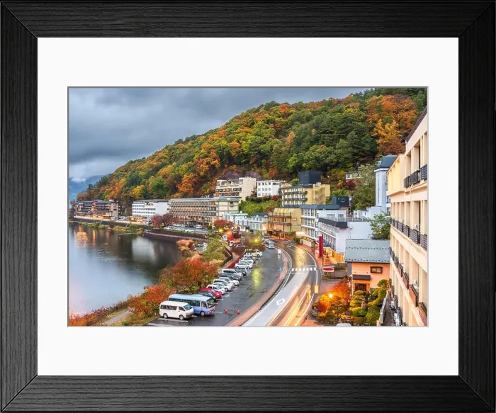 Framed Print : Lake Kawaguchi, Yamanashi, Japan with resorts along the lakeside at dusk in autumn Framed Print : Lake Kawaguchi, Yamanashi, Japan with resorts along the lakeside at dusk in autumn