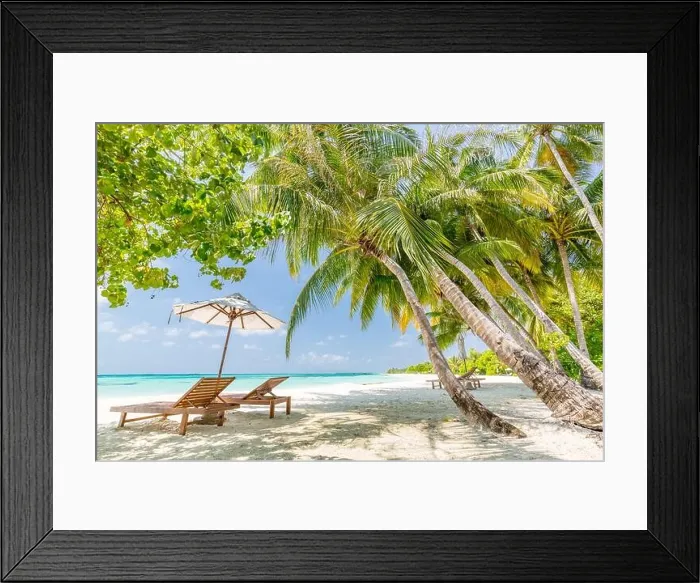Framed Print : Beautiful exotic beach. Chairs on the sandy beach near the sea. Summer holiday and vacation concept for tourism. Inspirational tropical landscape Framed Print : Beautiful exotic beach. Chairs on the sandy beach near the sea. Summer holiday and vacation concept for tourism. Inspirational tropical landscape
