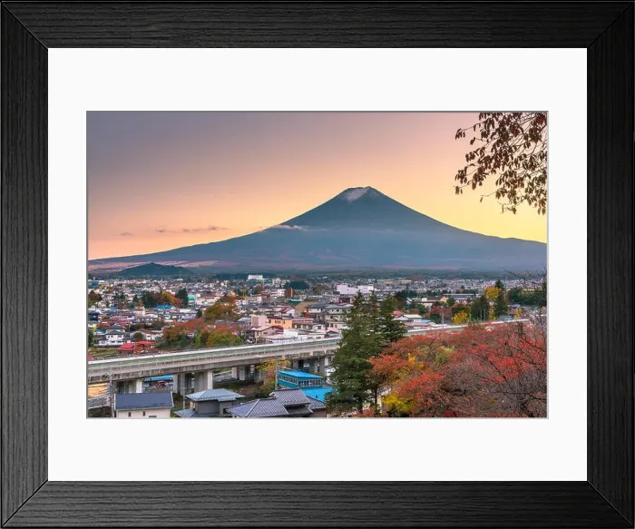 Framed Print : Fujiyoshida, Yamanashi, Japan town skyline in autumn at dusk with Mt. Fuji
