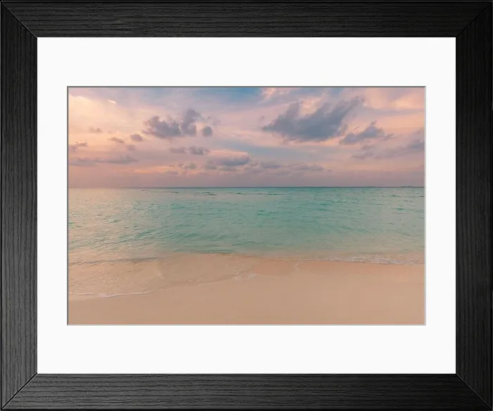 Framed Print : Dream sunset calm sea shore. Seaside of tropical beach landscape, exotic ocean horizon, relax inspirational, motivational nature scenic with colorful Framed Print : Dream sunset calm sea shore. Seaside of tropical beach landscape, exotic ocean horizon, relax inspirational, motivational nature scenic with colorful