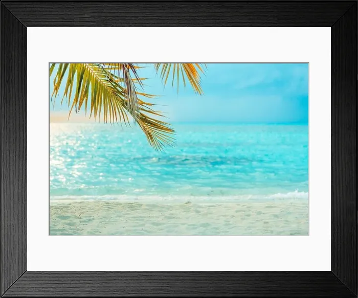 Framed Print : Tranquil and peaceful beach background. Travel and vacation landscape backdrop. Amazing palm leaf over blur dream summer sea view. Sunset beach scene Framed Print : Tranquil and peaceful beach background. Travel and vacation landscape backdrop. Amazing palm leaf over blur dream summer sea view. Sunset beach scene