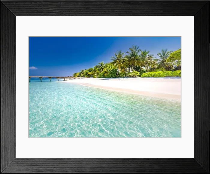 Framed Print : Beautiful beach with palm trees and moody sky. Summer nature vacation travel holiday background. Maldives paradise beach. Luxury travel landscape Framed Print : Beautiful beach with palm trees and moody sky. Summer nature vacation travel holiday background. Maldives paradise beach. Luxury travel landscape