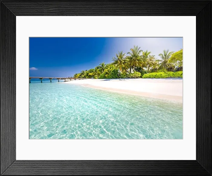 Framed Print : Beautiful beach with palm trees and moody sky. Summer nature vacation travel holiday background. Maldives paradise beach. Luxury travel landscape Framed Print : Beautiful beach with palm trees and moody sky. Summer nature vacation travel holiday background. Maldives paradise beach. Luxury travel landscape