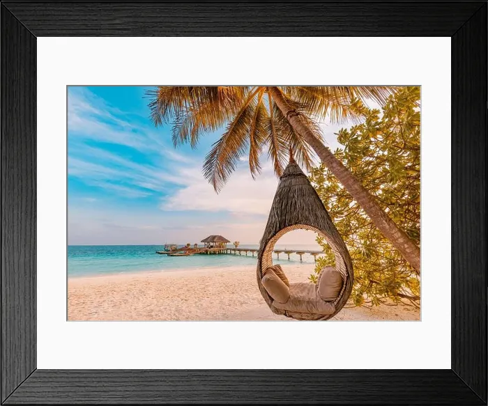 Framed Print : Tropical beach sunset as summer landscape with luxury resort beach palm swing hammock, sand seaside shore for sunset beach landscape. Tranquil beach Framed Print : Tropical beach sunset as summer landscape with luxury resort beach palm swing hammock, sand seaside shore for sunset beach landscape. Tranquil beach