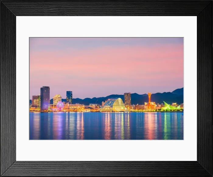 Framed Print : Kobe, Japan port skyline on the Seto Inland Sea at dusk Framed Print : Kobe, Japan port skyline on the Seto Inland Sea at dusk