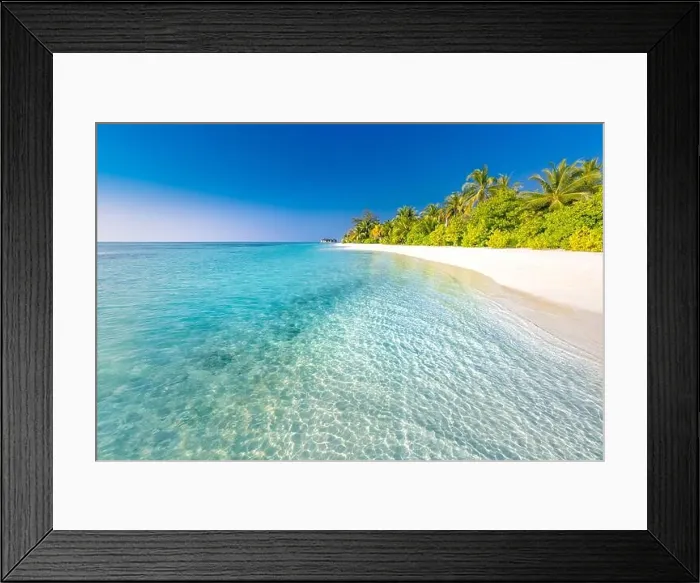 Framed Print : Beautiful beach with palm trees and moody sky. Summer nature vacation travel holiday background. Maldives paradise beach. Luxury travel landscape Framed Print : Beautiful beach with palm trees and moody sky. Summer nature vacation travel holiday background. Maldives paradise beach. Luxury travel landscape