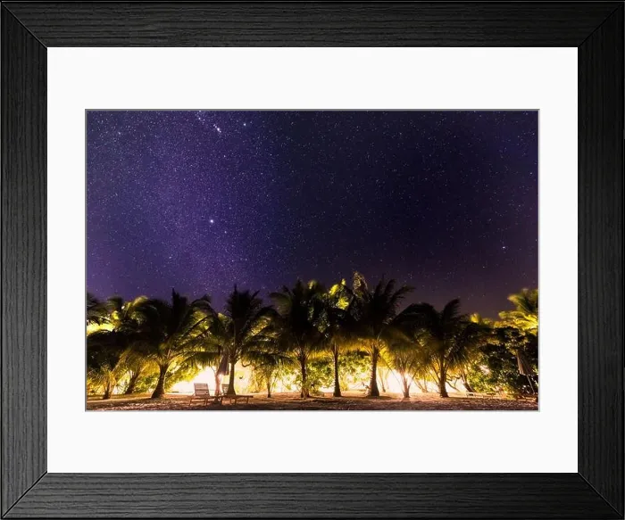 Framed Print : Night shot with palm trees and milky way in background, tropical warm night Framed Print : Night shot with palm trees and milky way in background, tropical warm night