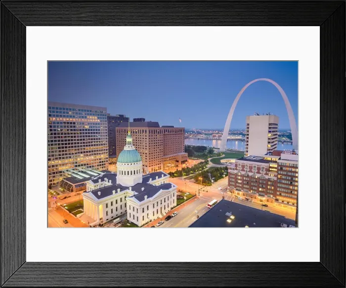 Framed Print : St. Louis, Missouri, USA downtown cityscape with the arch and courthouse at dusk Framed Print : St. Louis, Missouri, USA downtown cityscape with the arch and courthouse at dusk