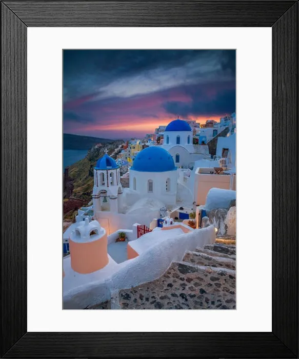 Framed Print : Santorini. Image of small village Oia, located on beautiful greek island Santorini, during sunset Framed Print : Santorini. Image of small village Oia, located on beautiful greek island Santorini, during sunset
