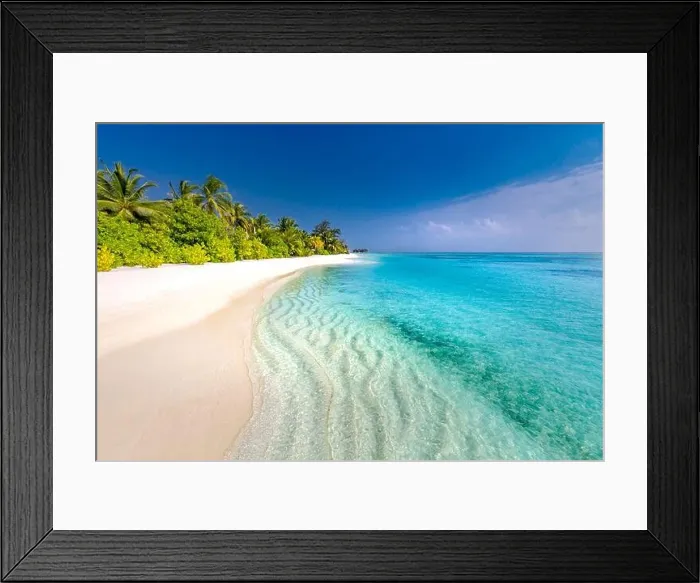 Framed Print : Beautiful beach with palm trees and moody sky. Summer nature vacation travel holiday background. Maldives paradise beach. Luxury travel landscape Framed Print : Beautiful beach with palm trees and moody sky. Summer nature vacation travel holiday background. Maldives paradise beach. Luxury travel landscape